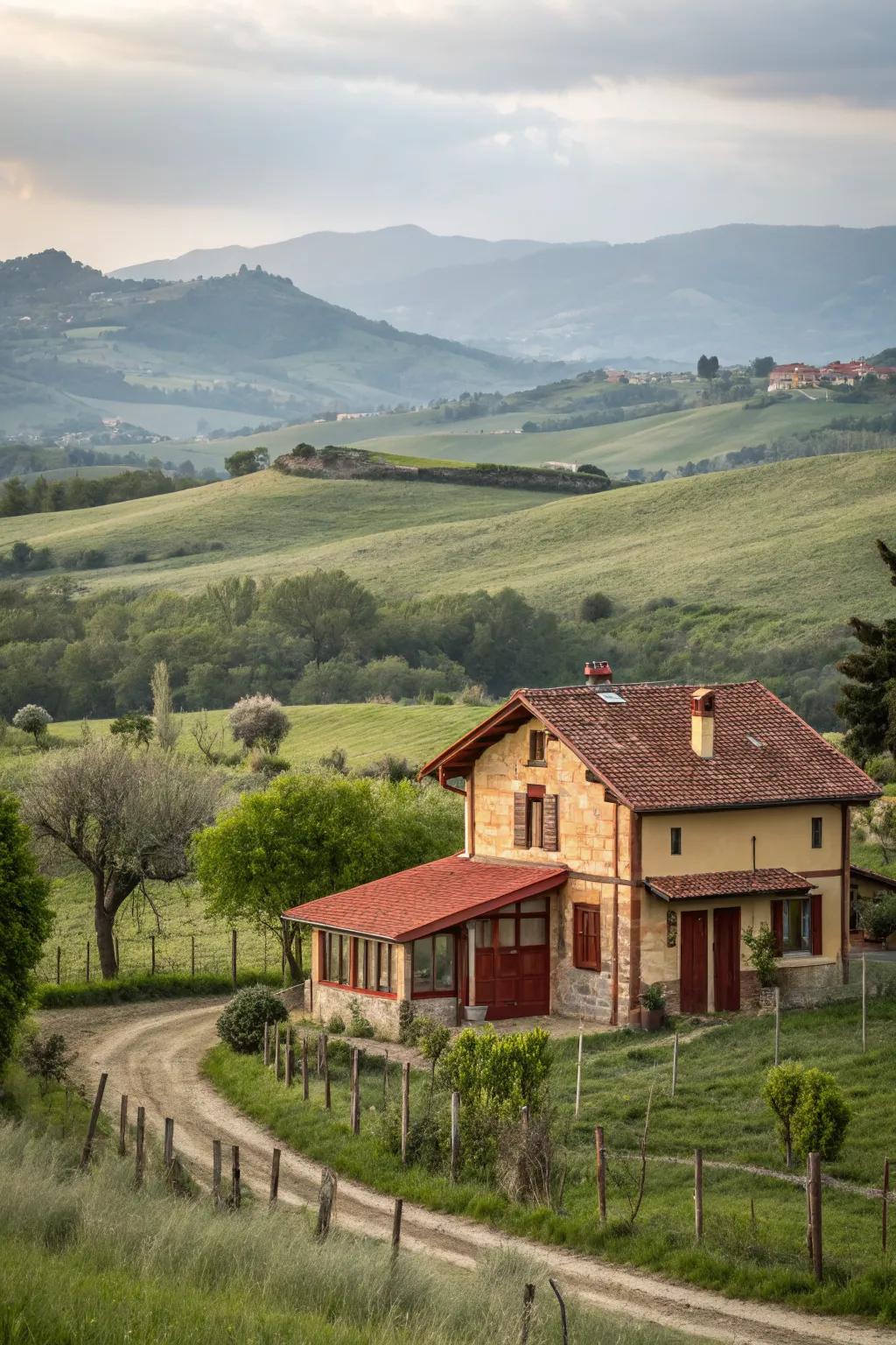 Rustic red and beige bring warmth and charm to this countryside home.