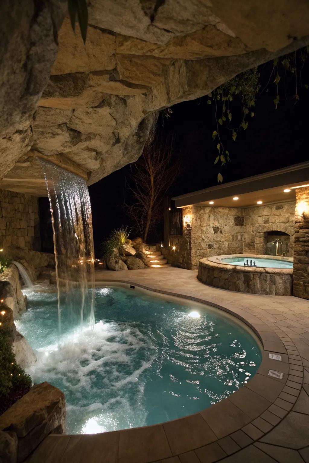 A breathtaking waterfall feature adds serenity to this underground pool.