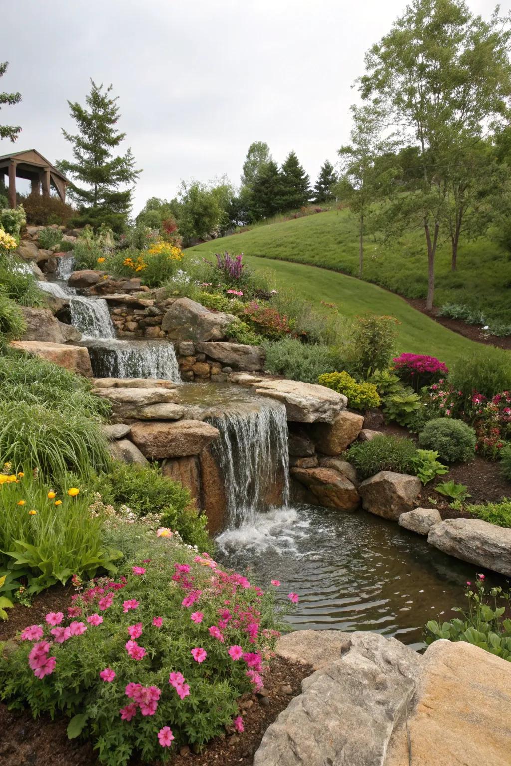 A waterfall turns a slope into a breathtaking feature.