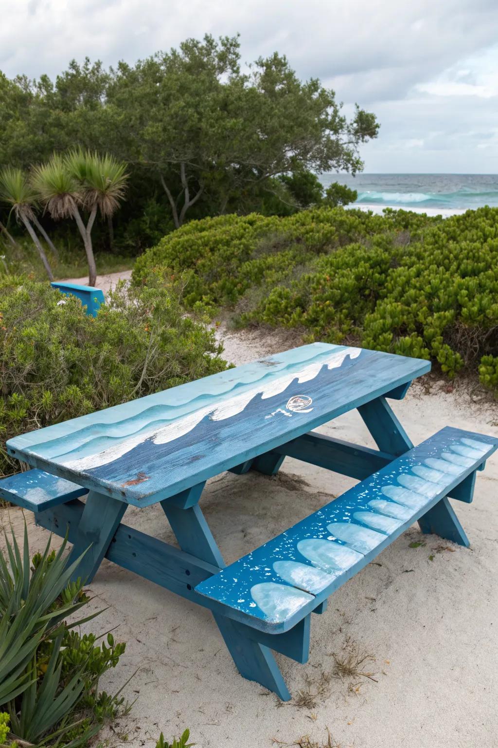 Ocean blues make your picnic table a serene escape.