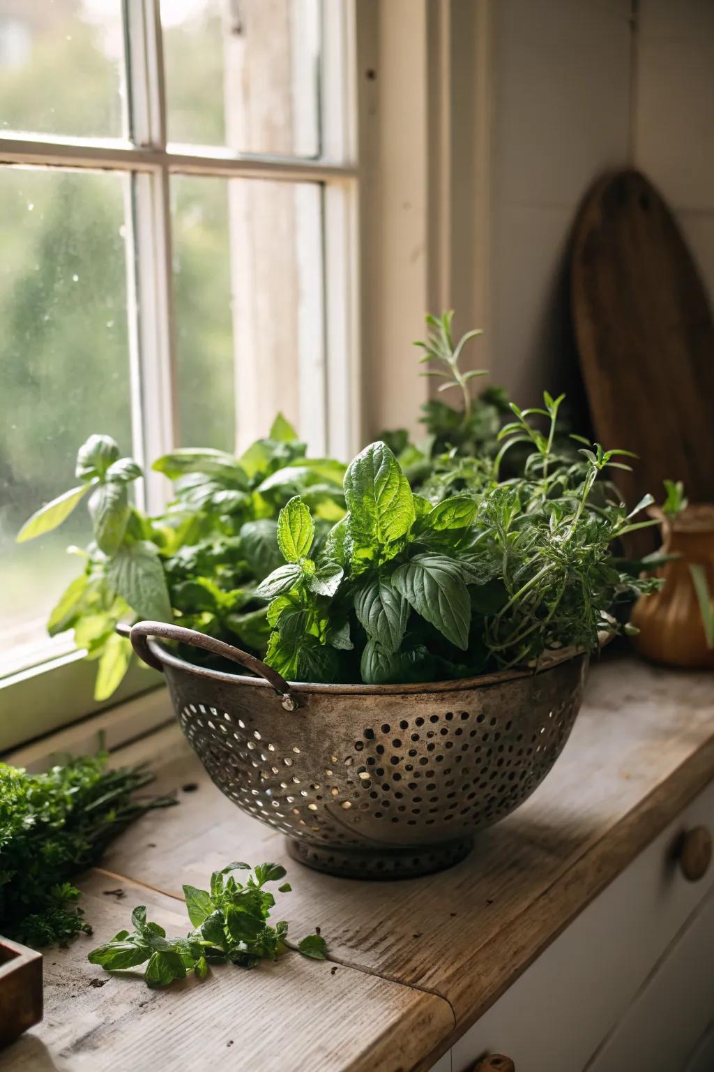 A vintage colander becomes a functional herb planter.