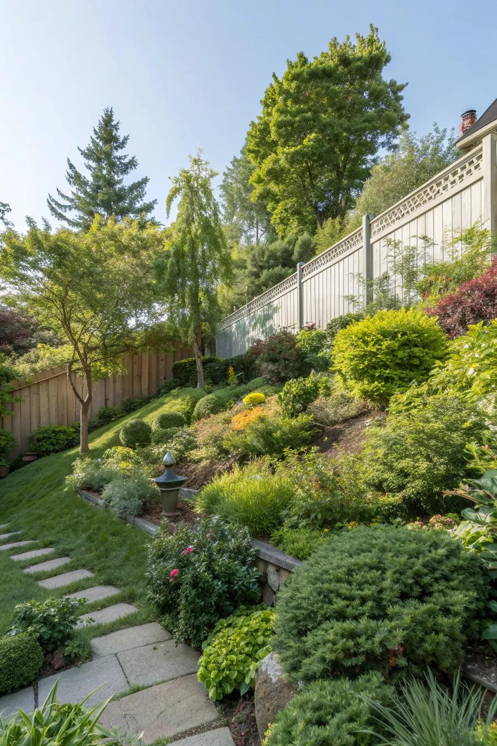 A lush garden brings color and life to your sloped backyard.
