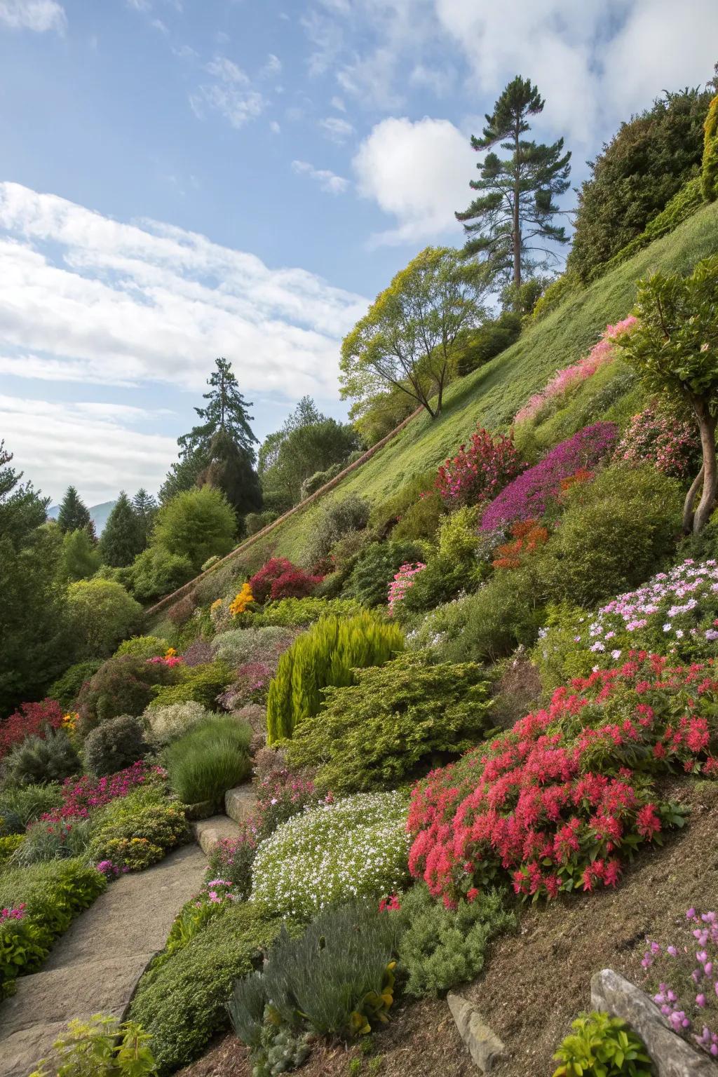 A vibrant mix of plants adds color and texture.