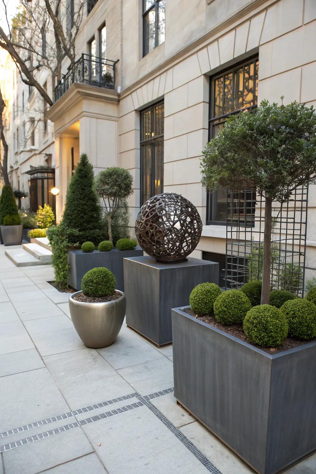 Modern metal accents bring a contemporary vibe to this urban front yard.