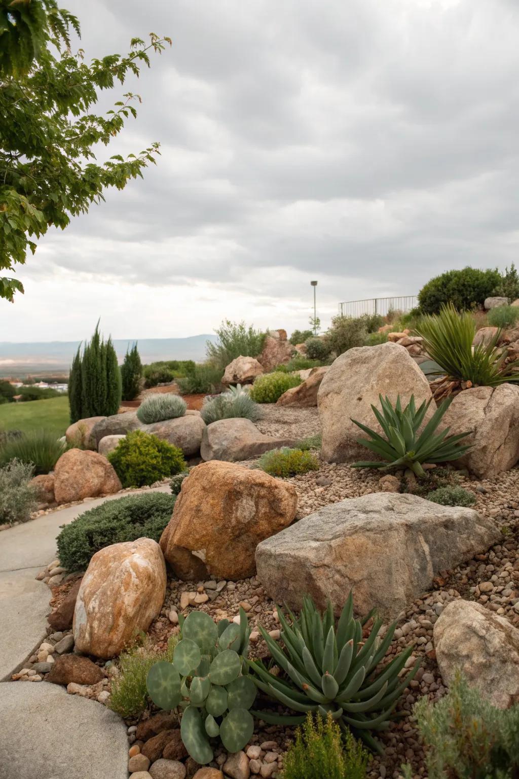 Natural rock features adding texture to a Utah backyard.