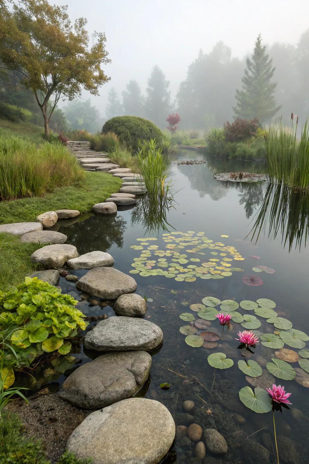 A tranquil water feature that adds serenity to the garden.