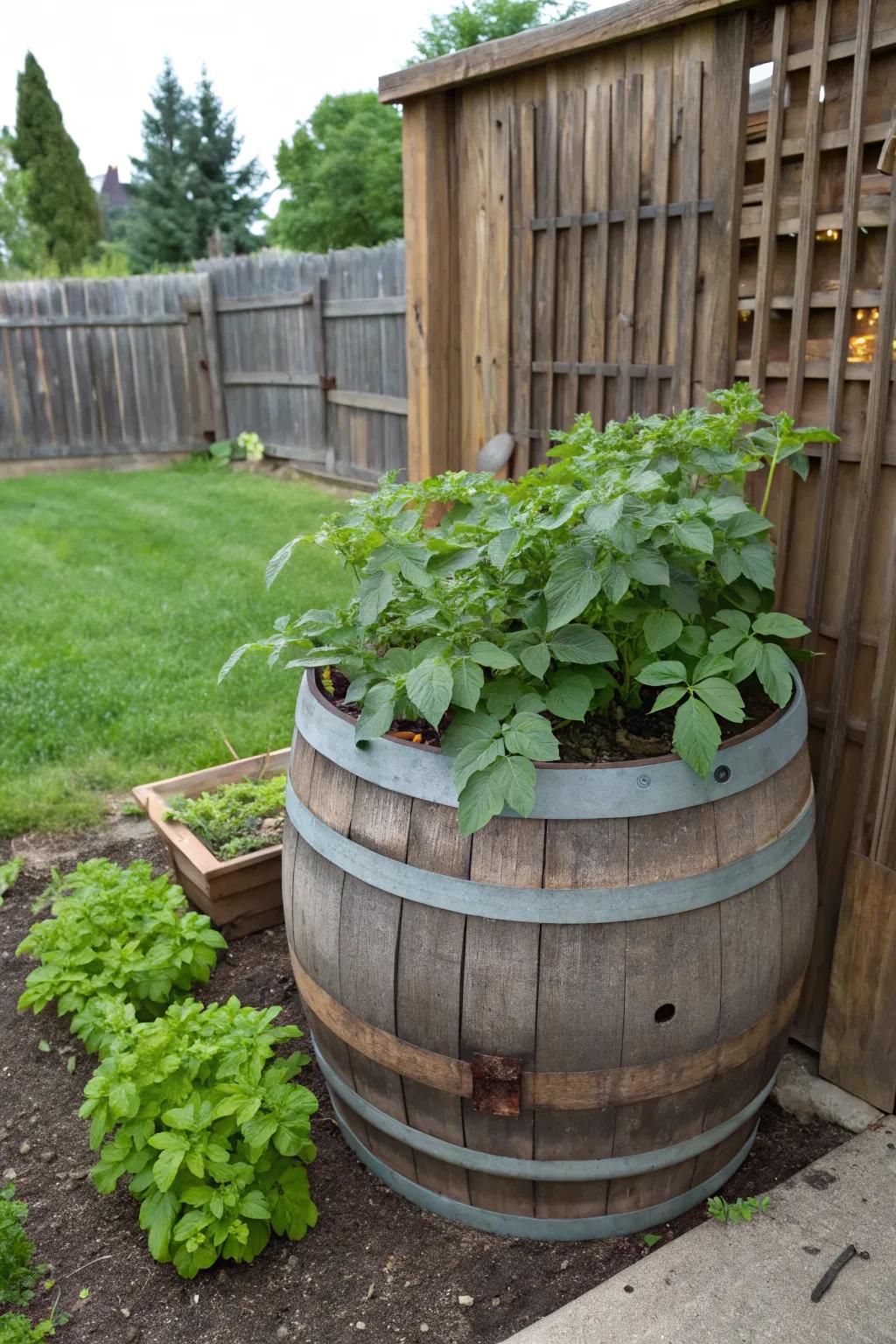 Upcycled wine barrel serving as a rustic potato planter.