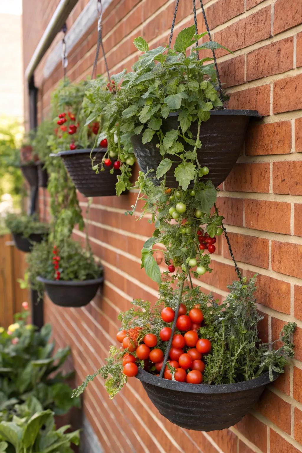 Hanging planters offer a vertical solution for growing vegetables.