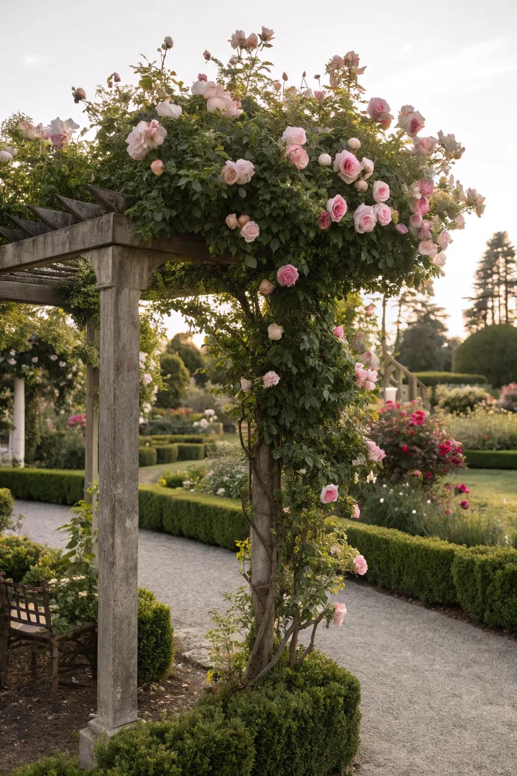 Climbing plants create enchanting vertical layers.