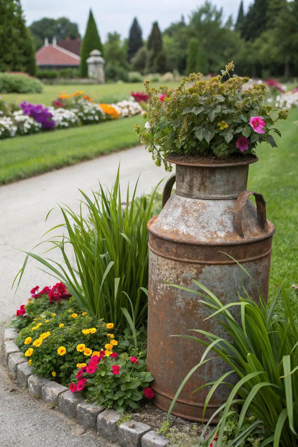An antique metal milk can repurposed as a charming garden planter.