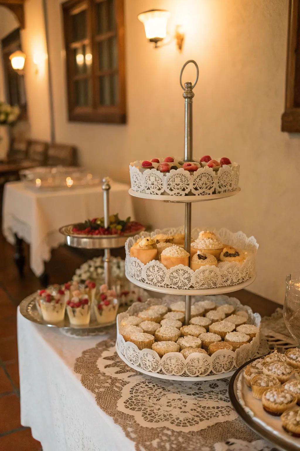 Tiered trays filled with sweet treats are both practical and visually appealing.