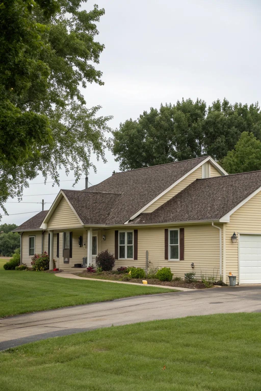 A ranch home with perfectly coordinated roofing and vinyl siding for a seamless look.