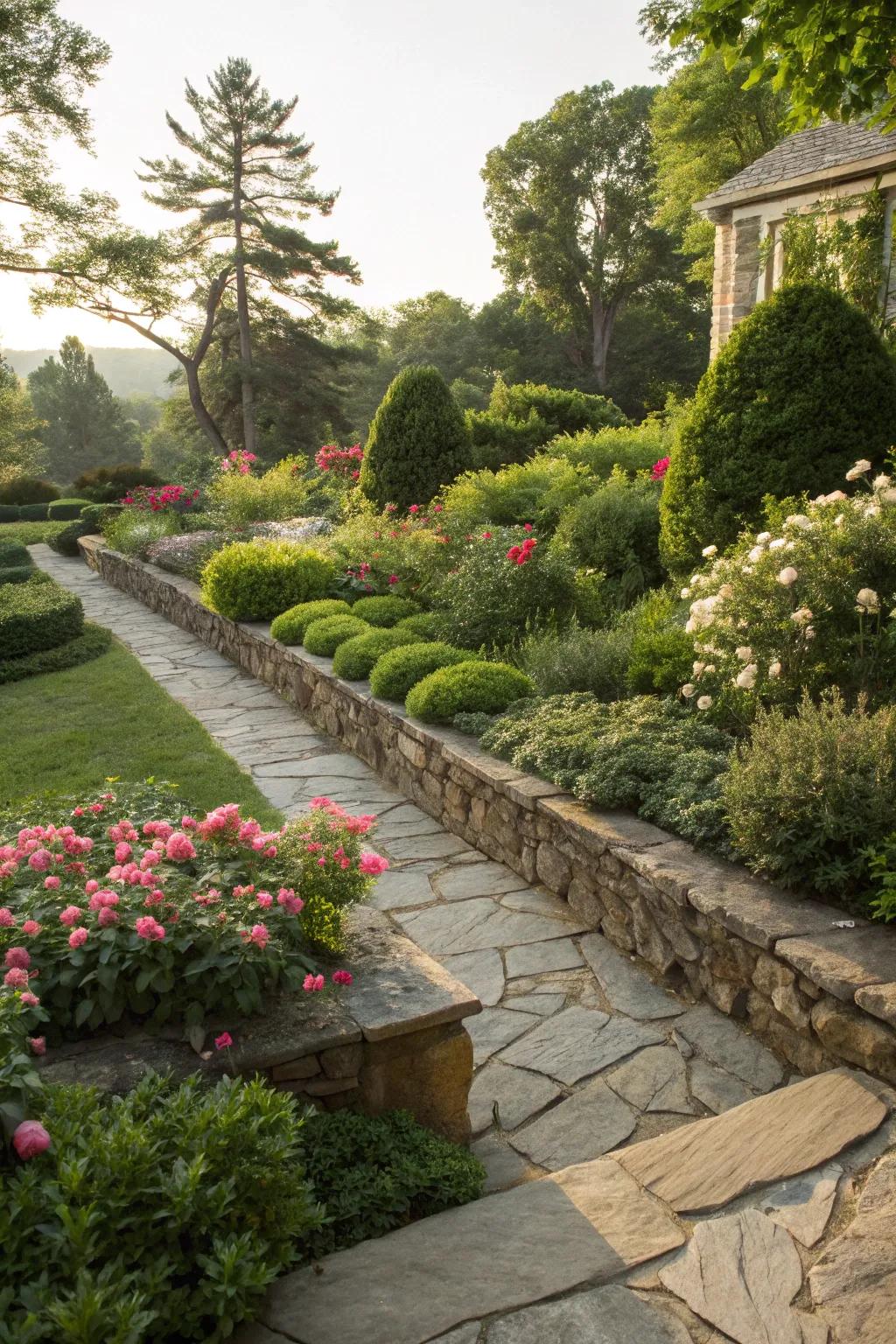 Natural stone elements bring rustic charm to your garden.