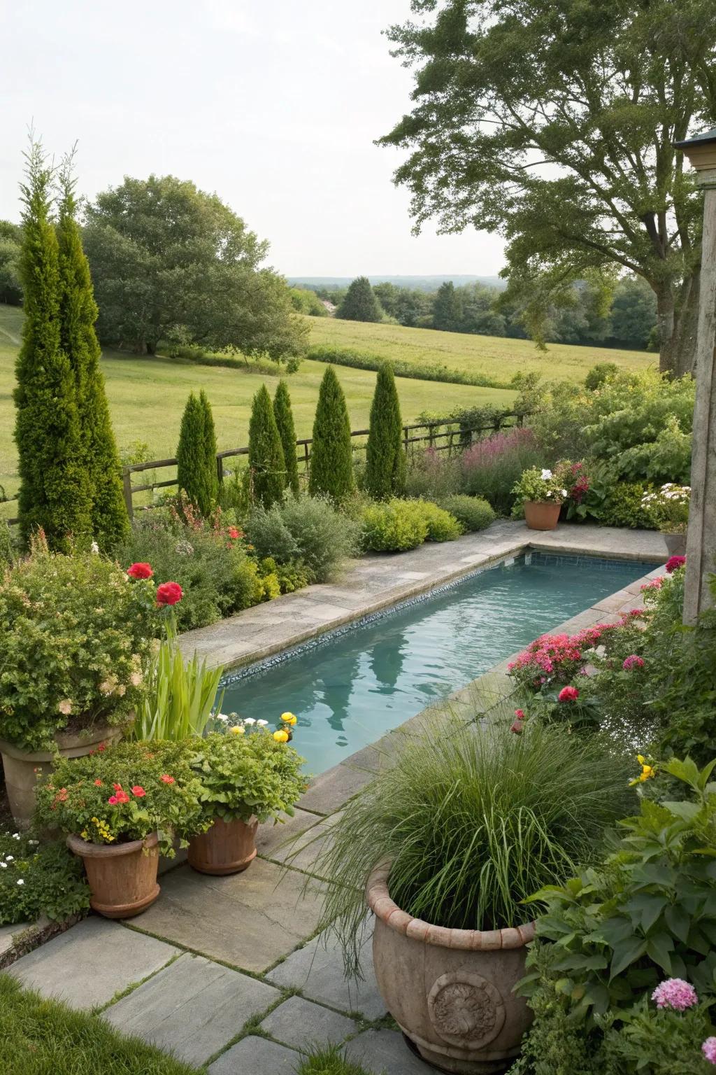 Tall greenery provides a private sanctuary for this inground wading pool.