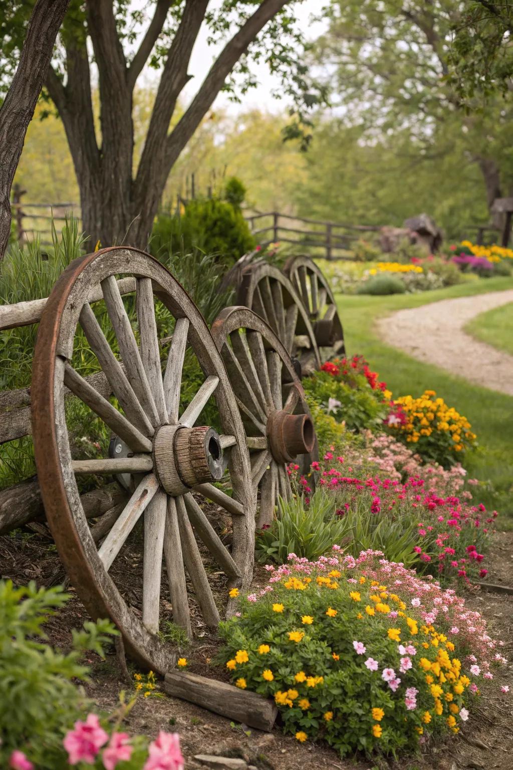 A striking cluster of wagon wheels creating a focal point in a lush garden.