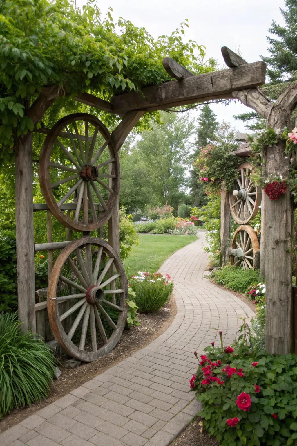 A garden gateway enhanced with wagon wheels for a grand entrance.