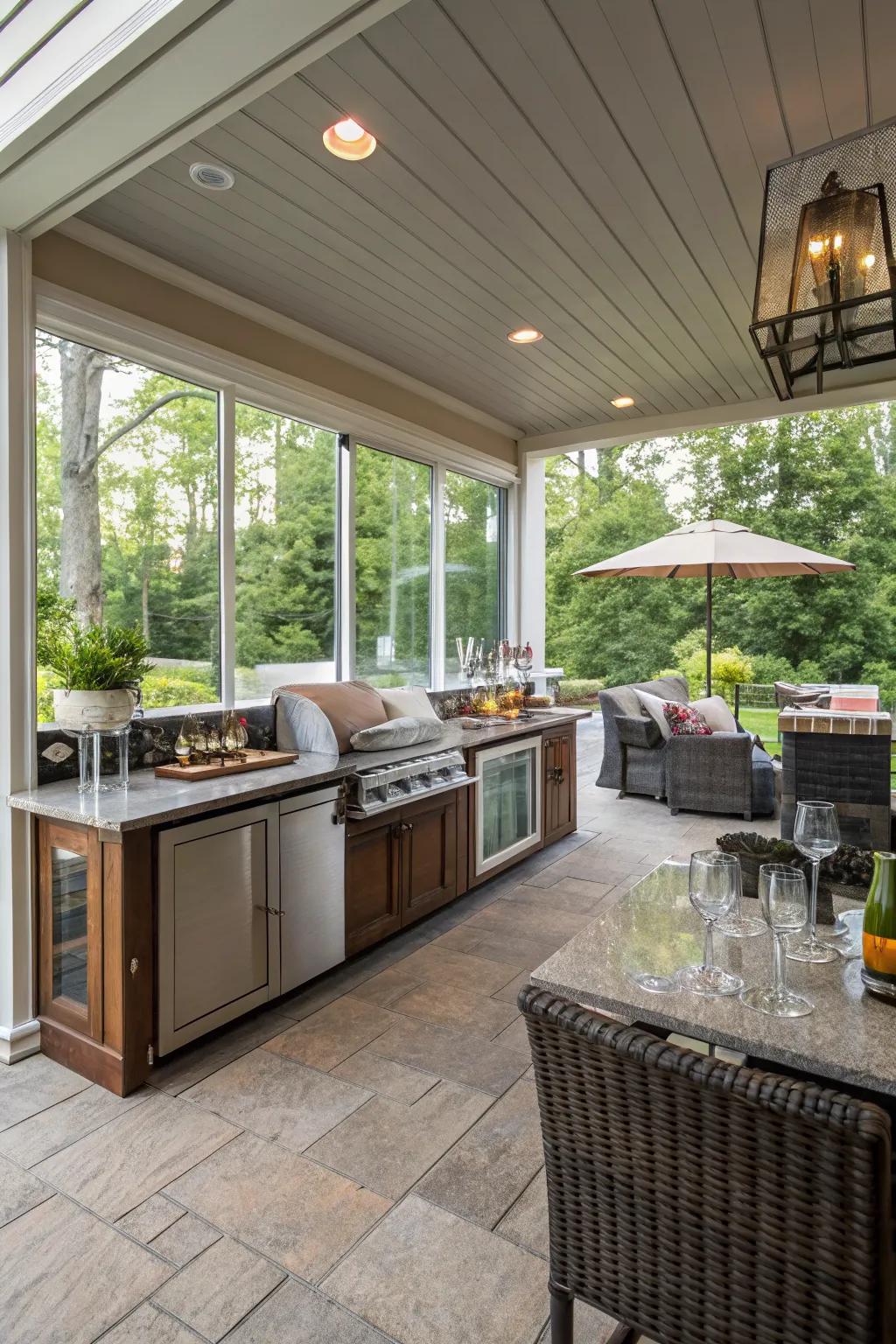 A dual-zone entertaining bar with an outdoor kitchen and indoor wet bar for seamless hosting.