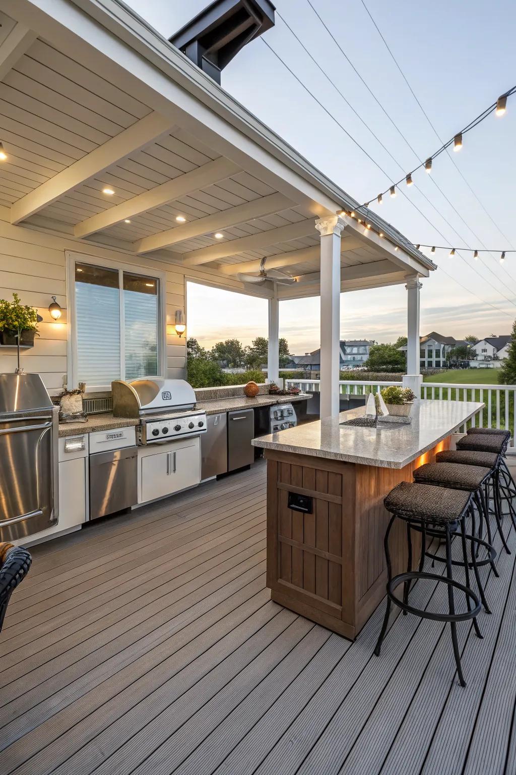A deck with a fully equipped outdoor kitchen and bar area.