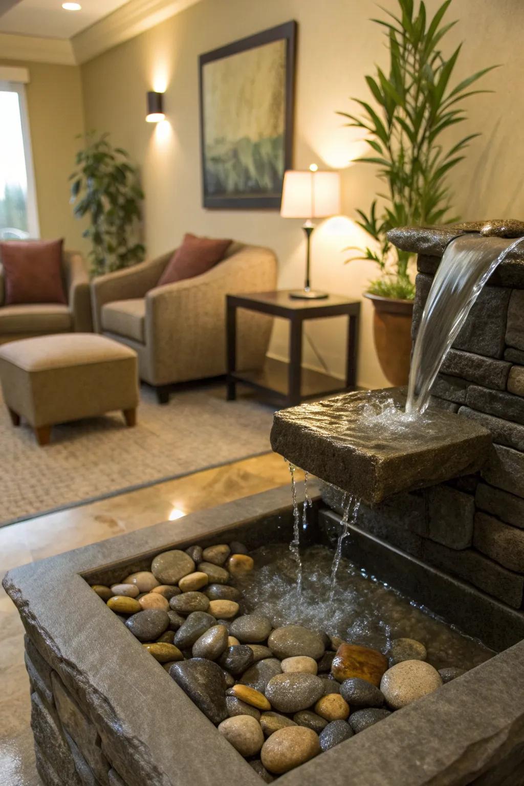 An indoor wall fountain creates a peaceful retreat within your home.