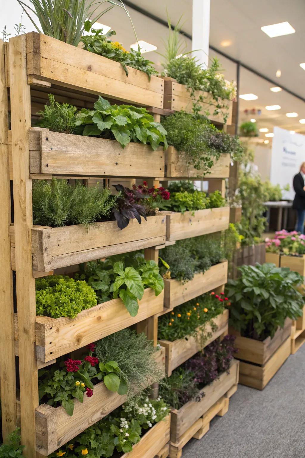 Stacked crates form a rustic, green sanctuary.