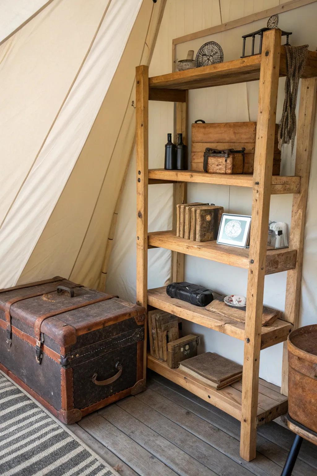 A wall tent interior with practical storage solutions, including shelves and a vintage trunk.