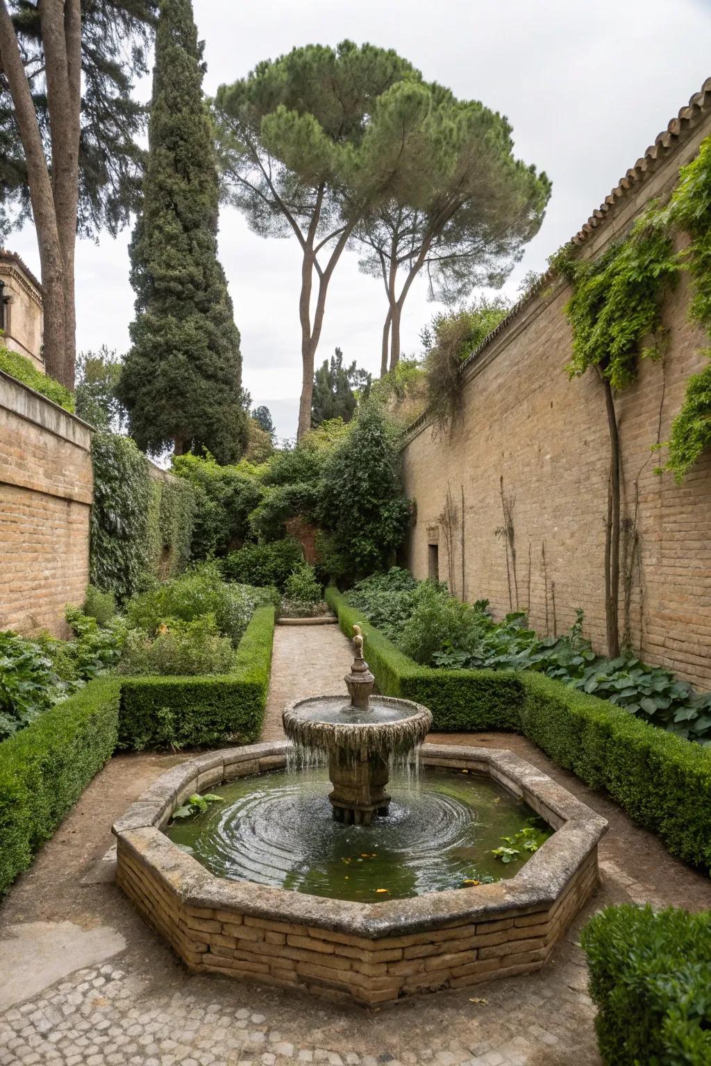 A calming water feature nestled among lush plants.