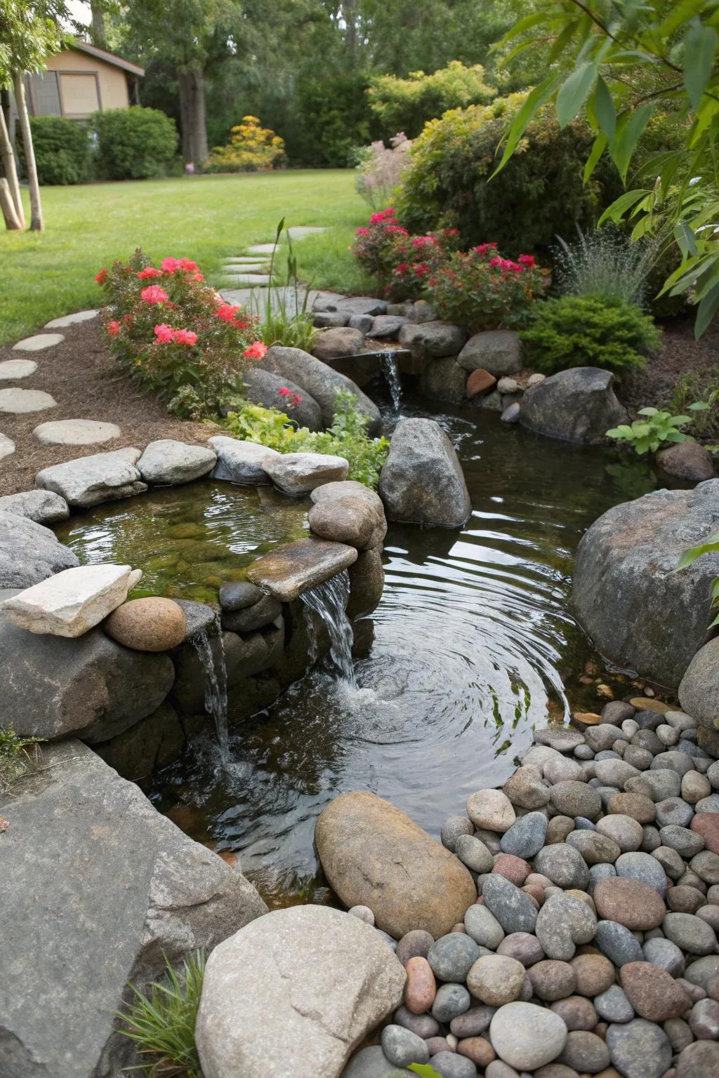 Naturalistic rock arrangements enhance the beauty of a garden water feature.