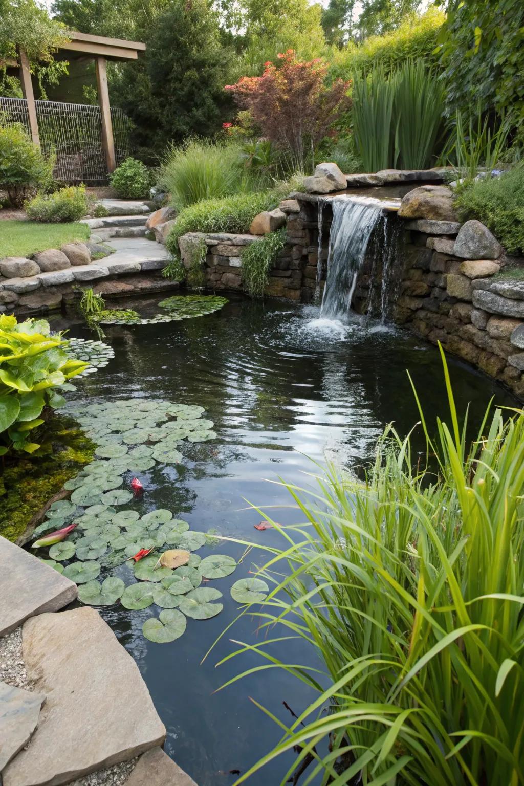 A spillway seamlessly integrated with a pond, enhancing the garden's ecosystem.