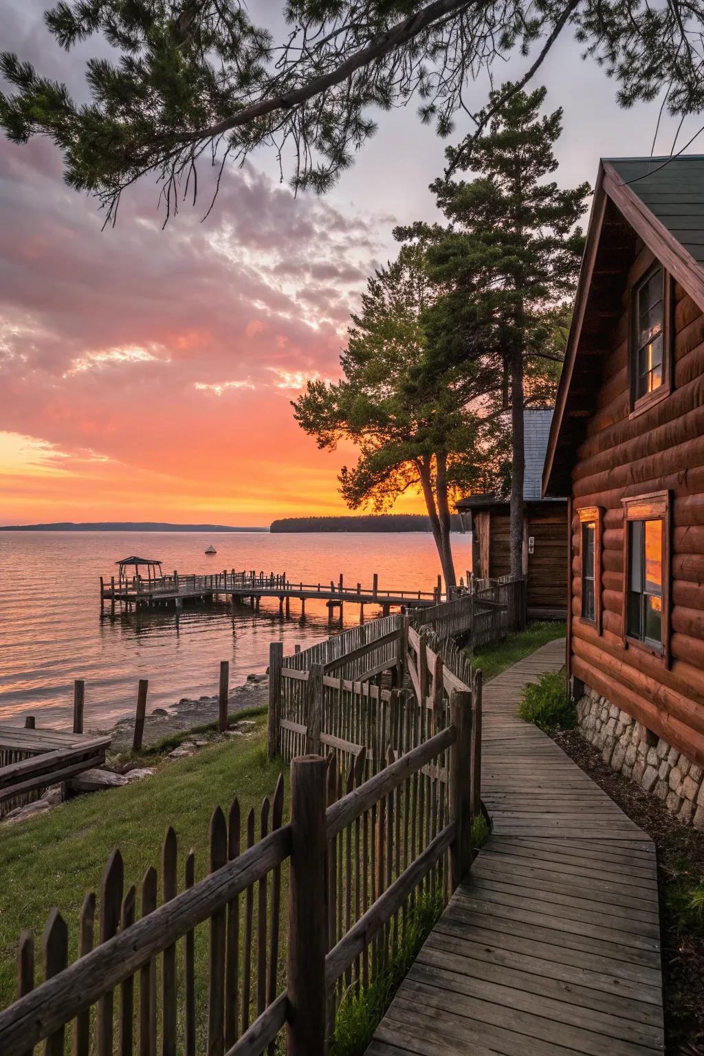 Rustic wood slat fencing adds warmth to this serene waterfront view.