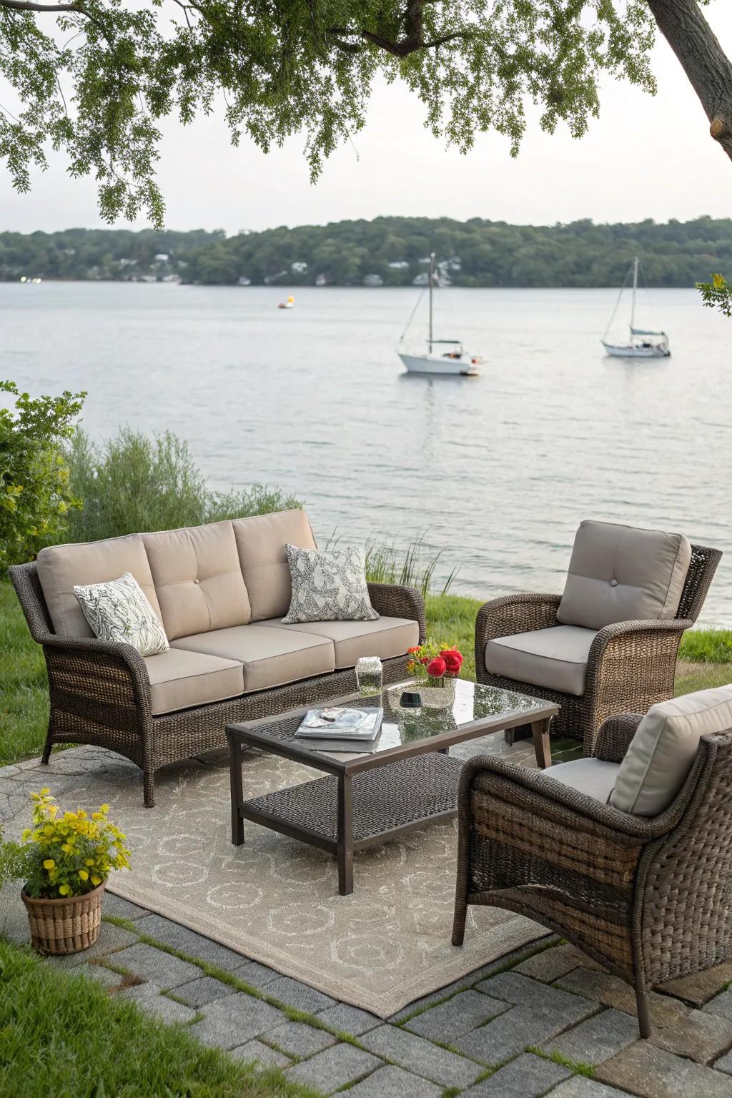 Stylish outdoor furniture inviting relaxation by the water.