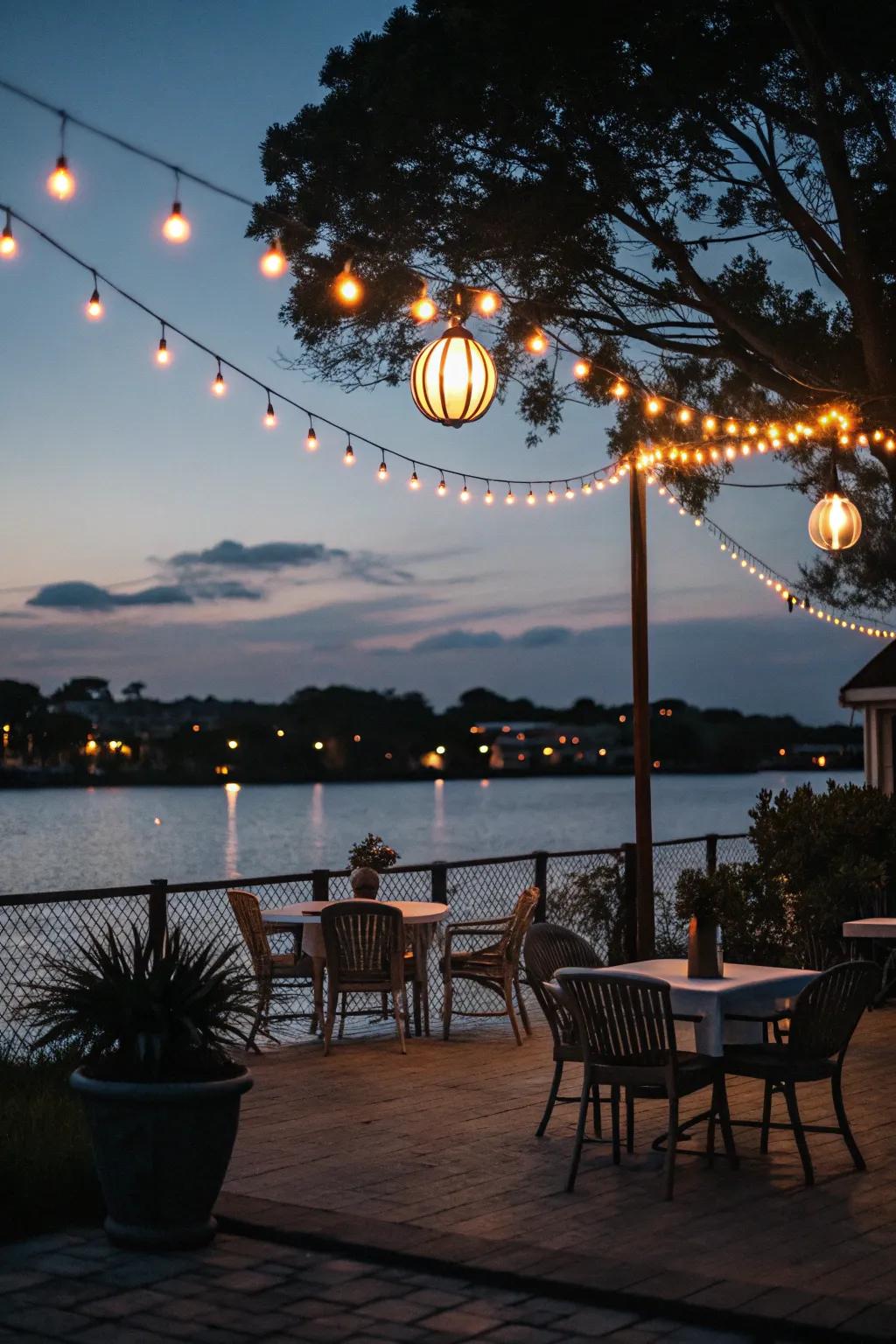 Soft lighting turns a patio into a magical space as evening falls.