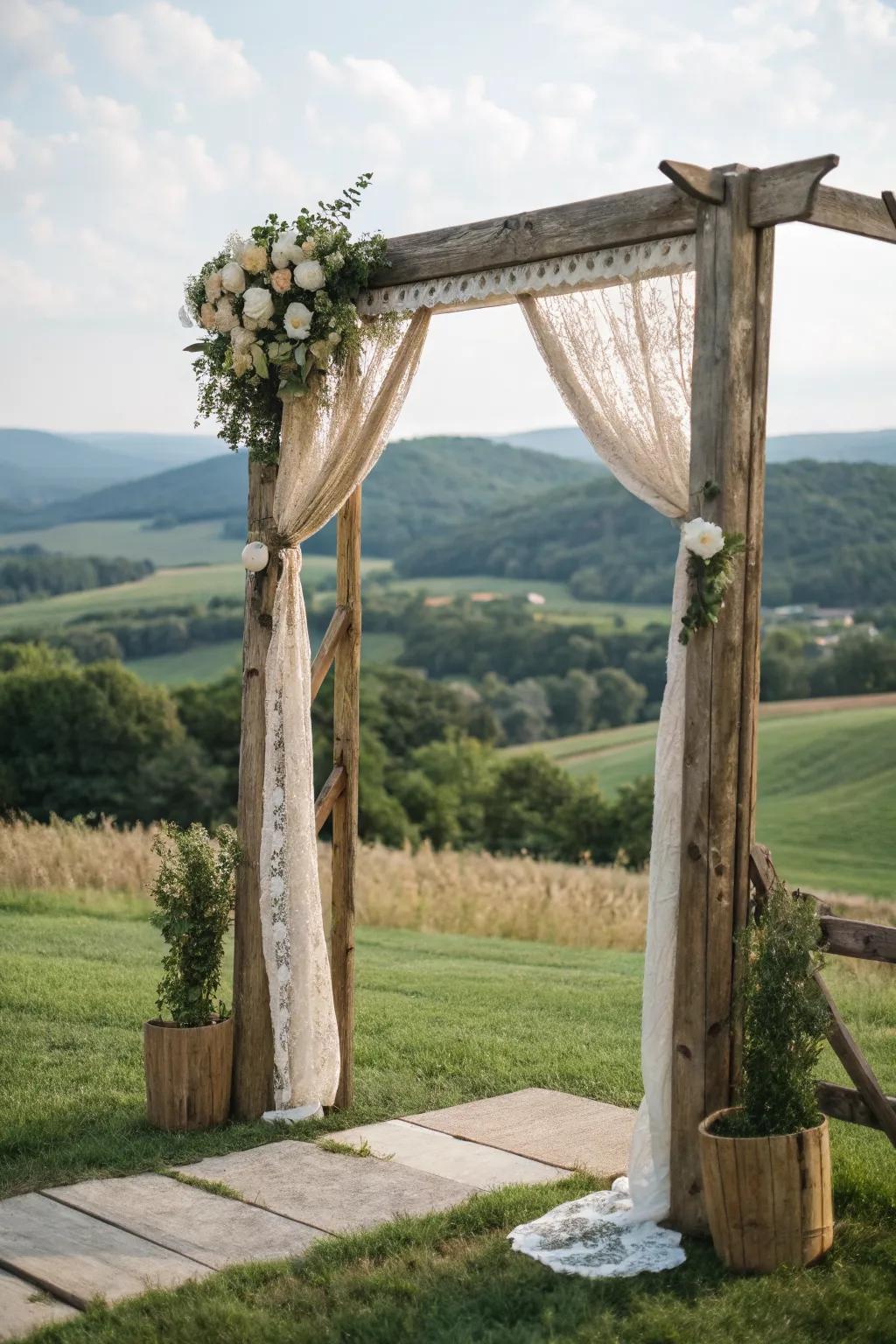 A rustic arch exuding charm and warmth, ideal for a countryside wedding.