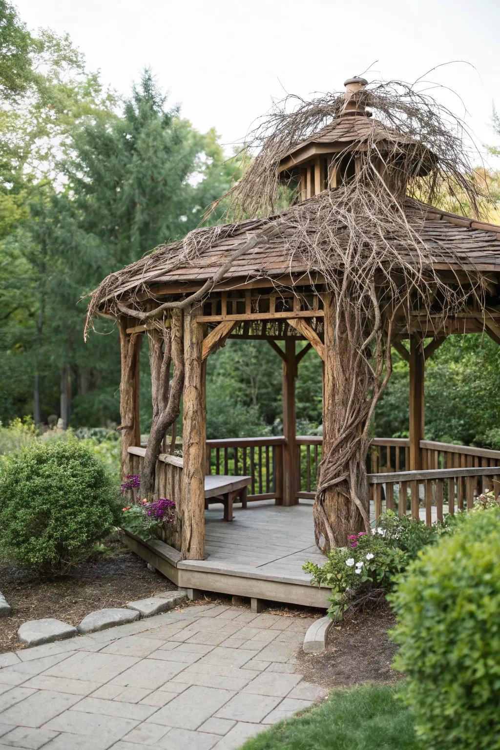 Natural elements add rustic charm to your wooden gazebo.