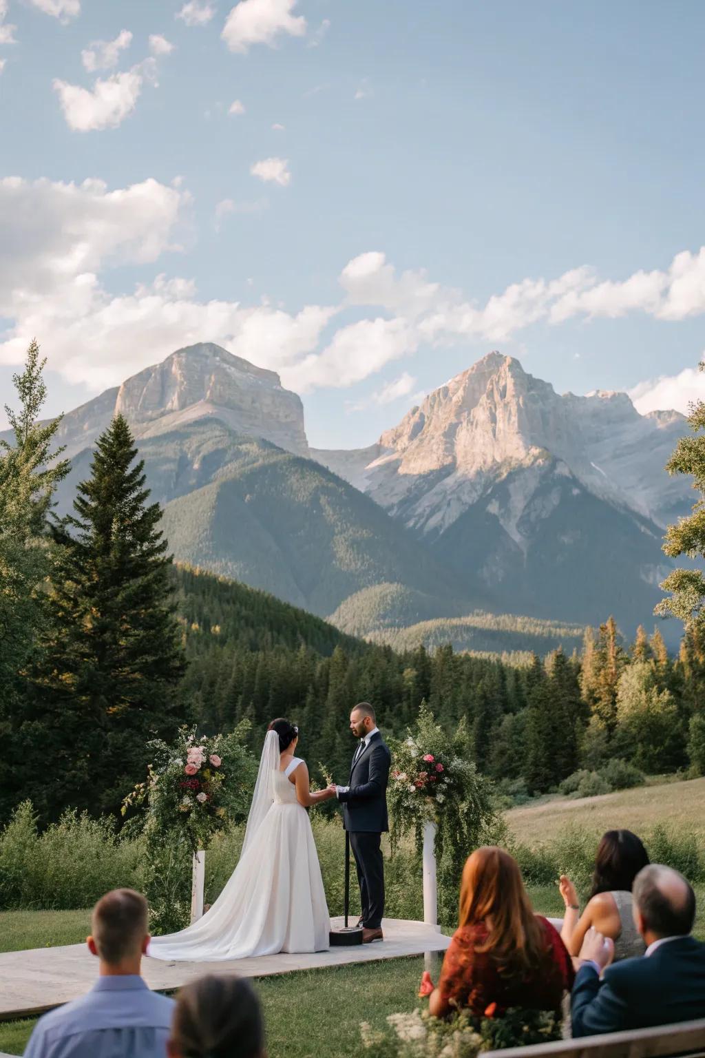 A mountain wedding ceremony with a majestic backdrop