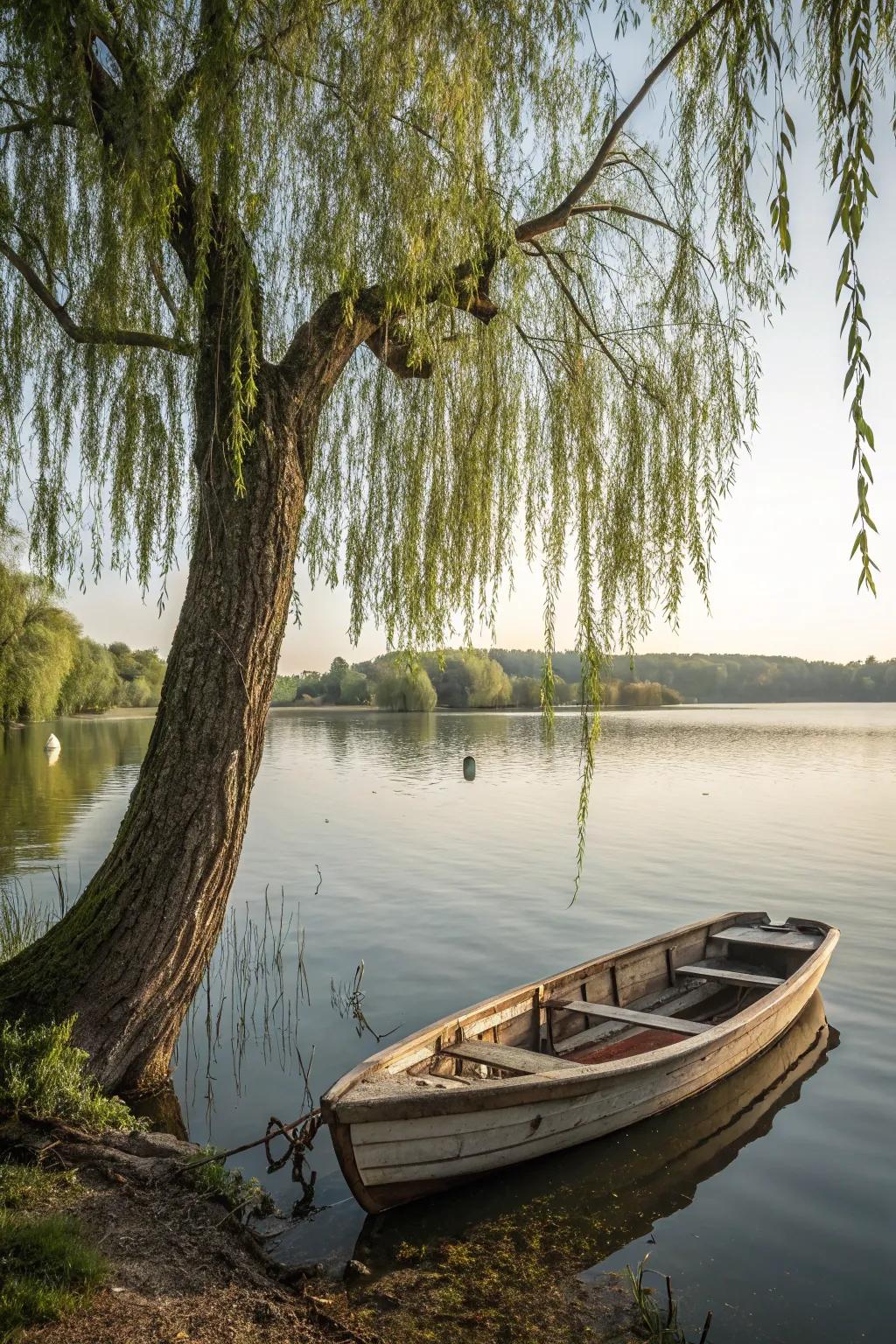 A rowboat by a willow evokes a serene, rustic charm.