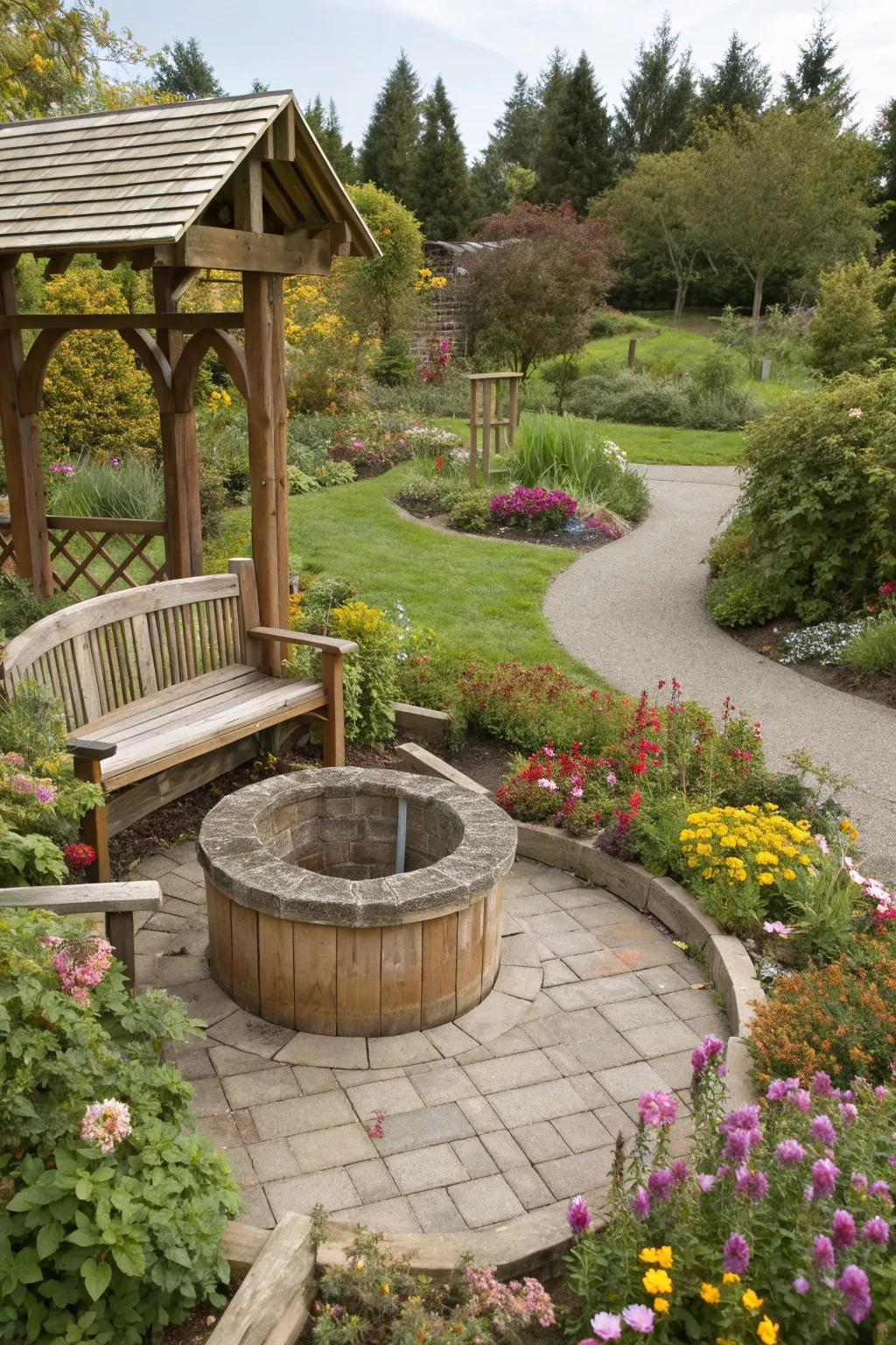 Integrated seating around a well offers a perfect spot for relaxation.