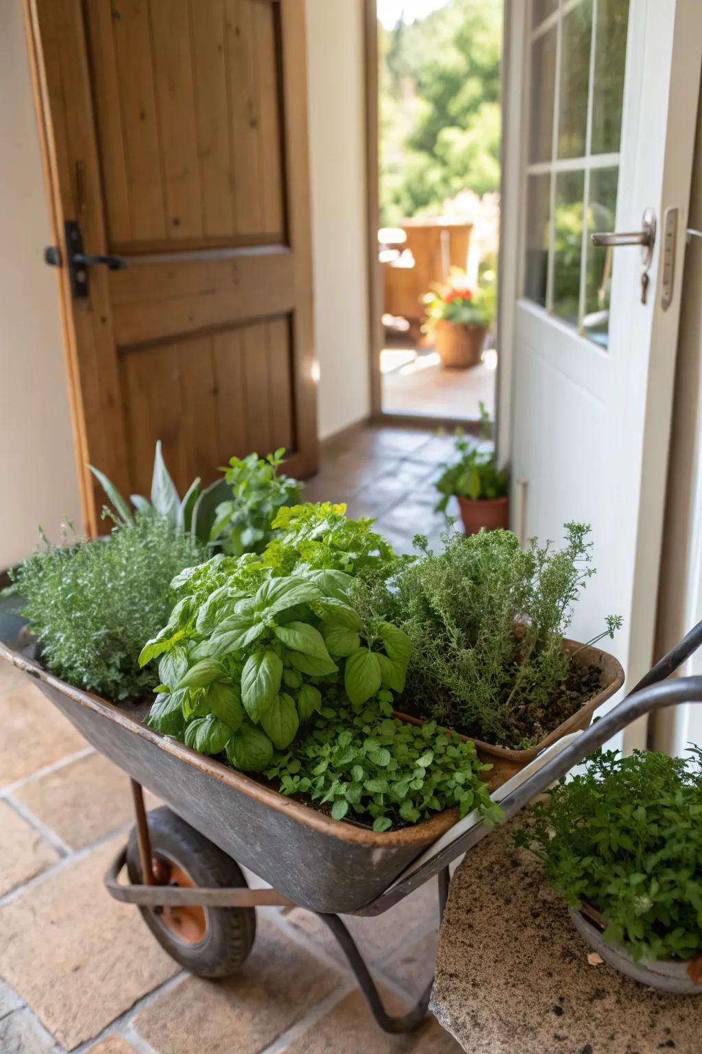 A convenient herb garden in a handy wheelbarrow setup.