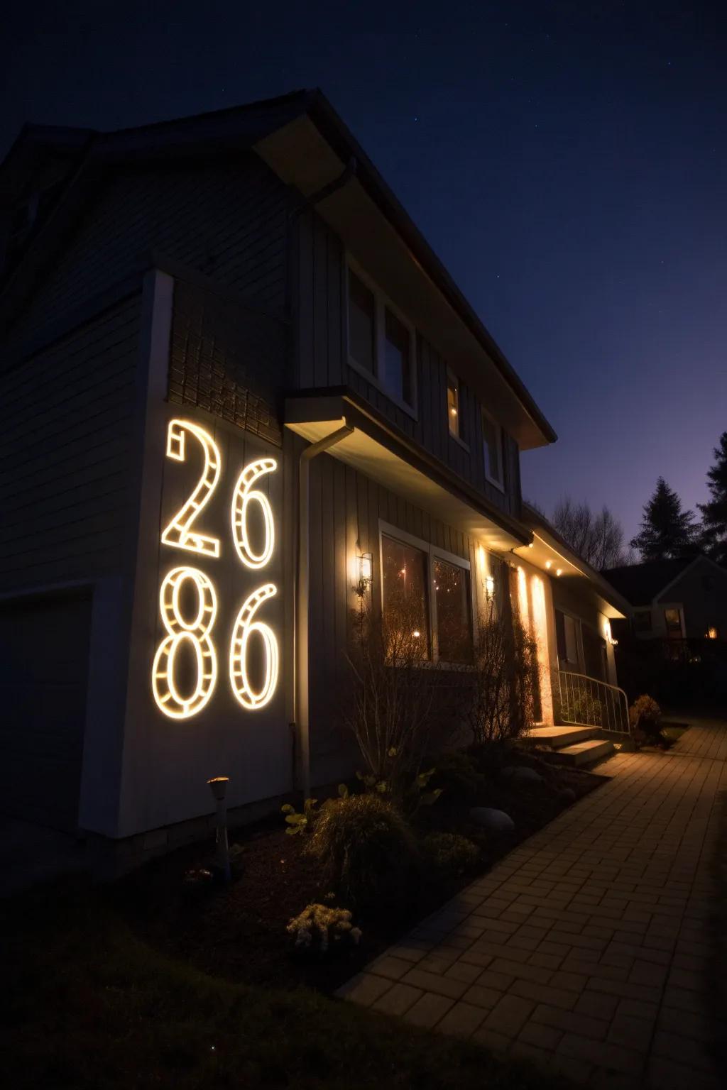 Illuminated house numbers visible at night.