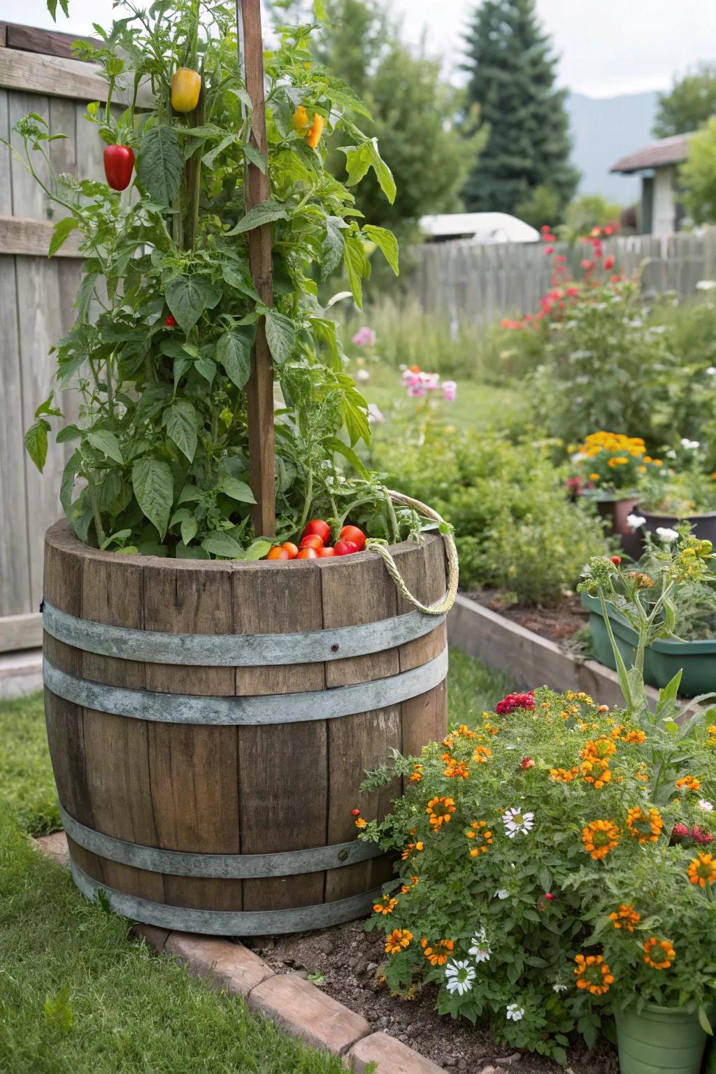 Grow your own vegetables in a whiskey barrel garden.