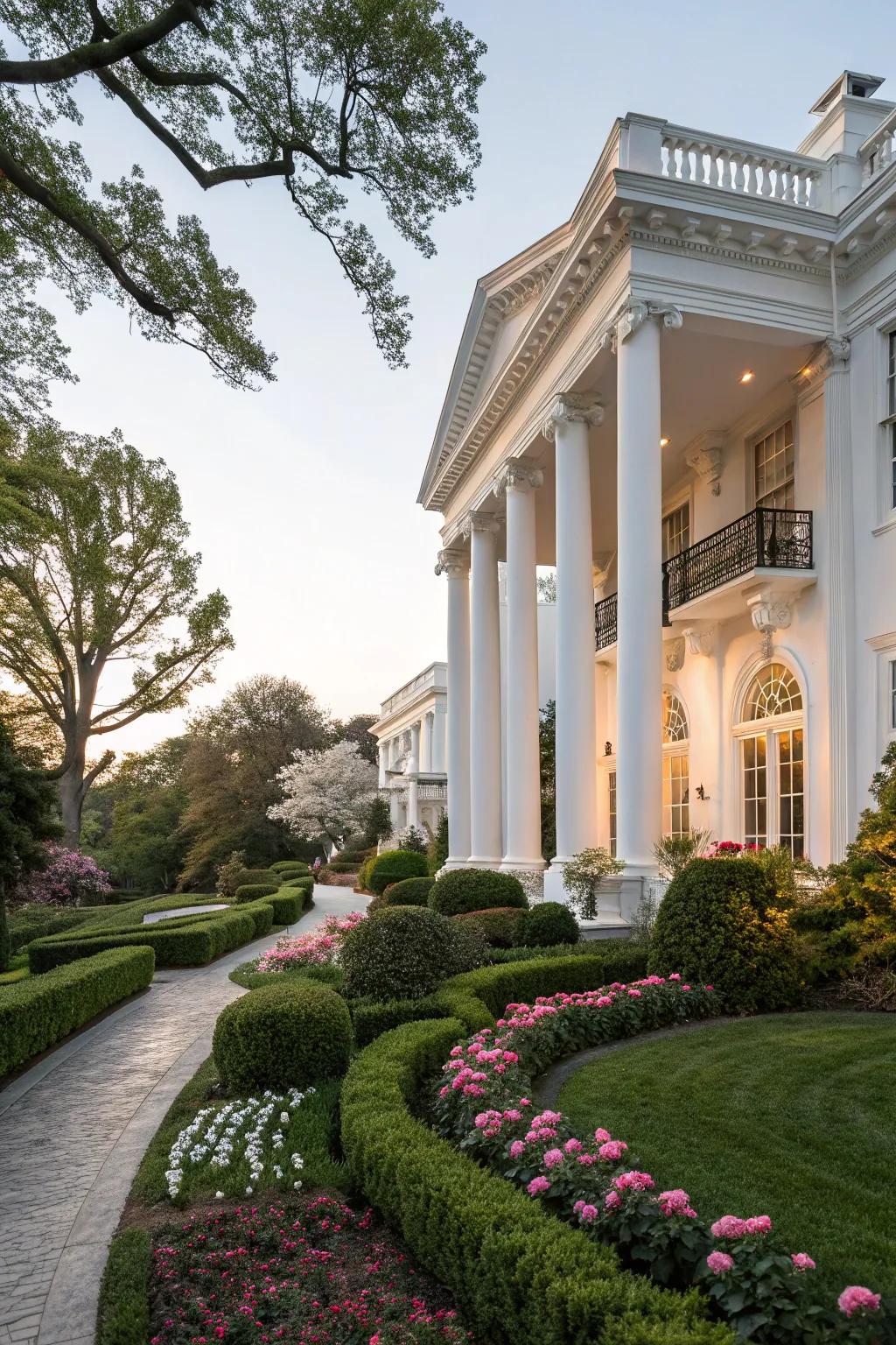 A white home with classic columns, adding elegance and a stately presence.