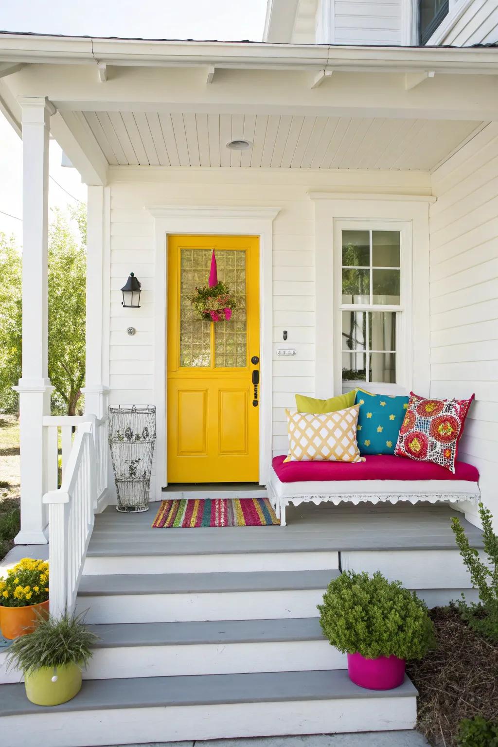 A pop of color adds personality and charm to a white house porch.