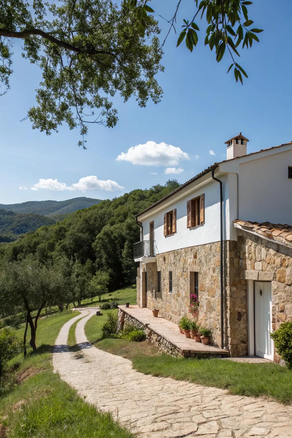 White paint and stone create a timeless and elegant exterior.