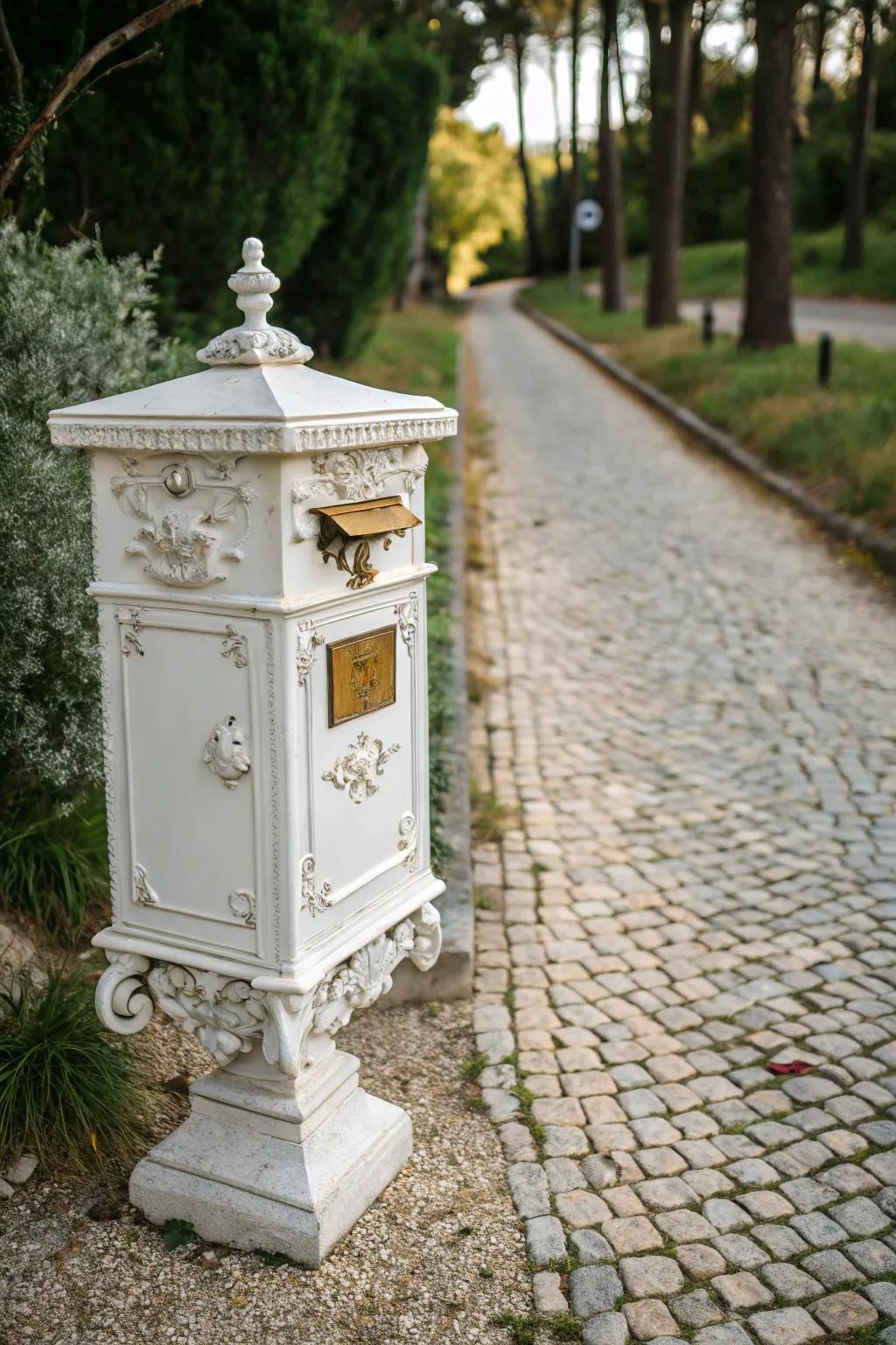 A vintage white mailbox with ornate details brings timeless elegance to the entryway.