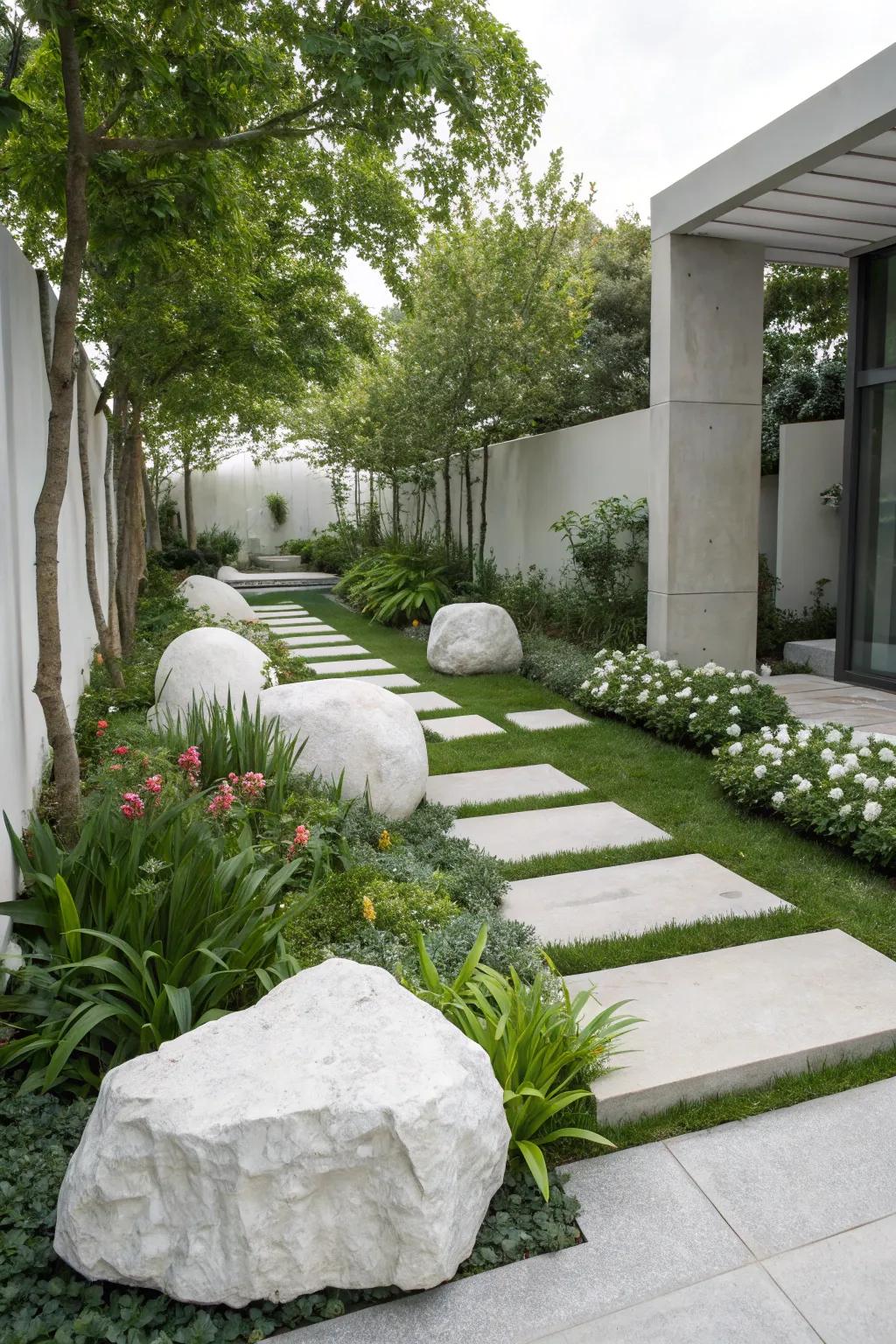 Achieve a modern aesthetic with white marble and concrete.