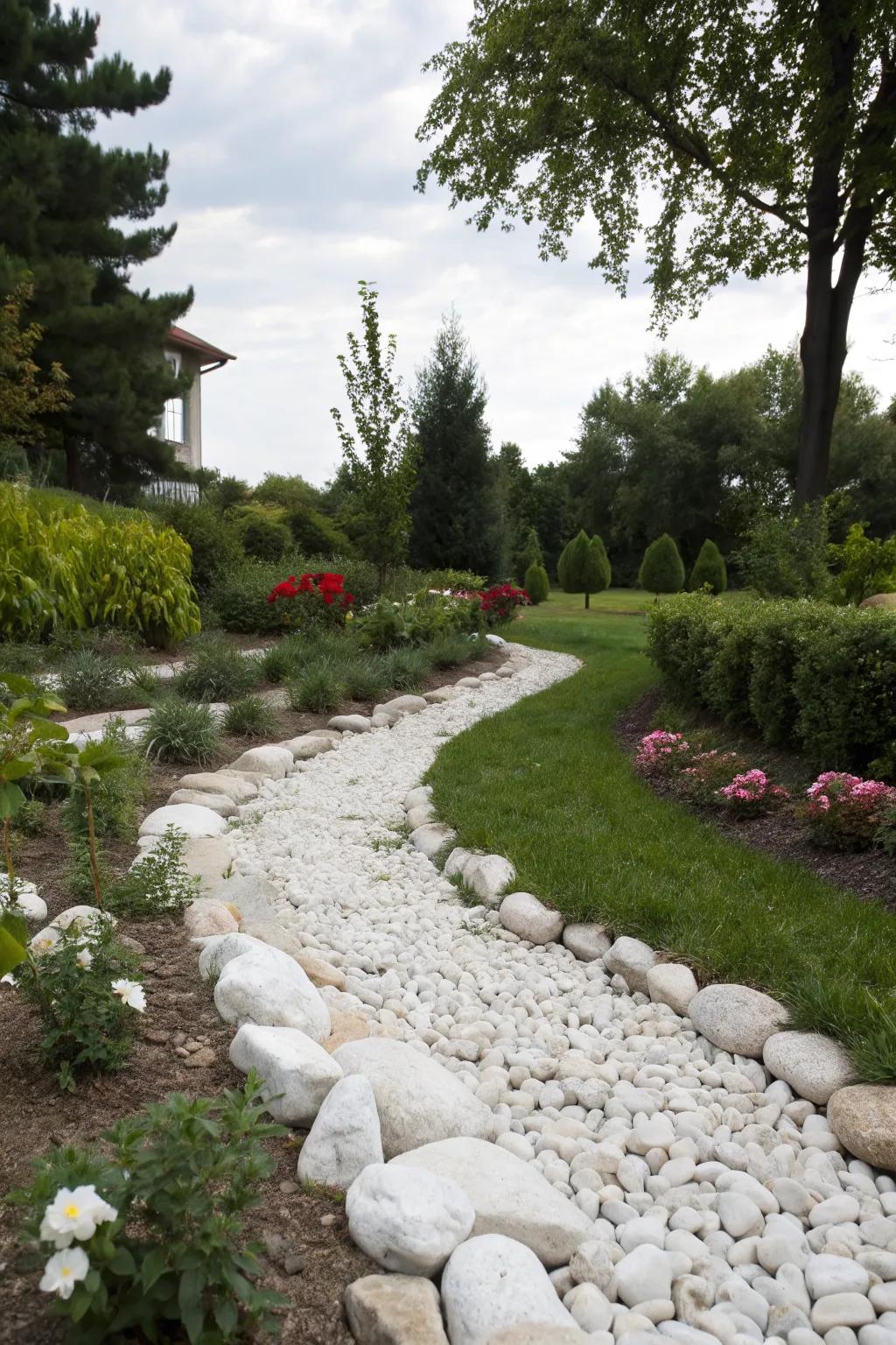 White rocks elegantly lining a garden pathway.