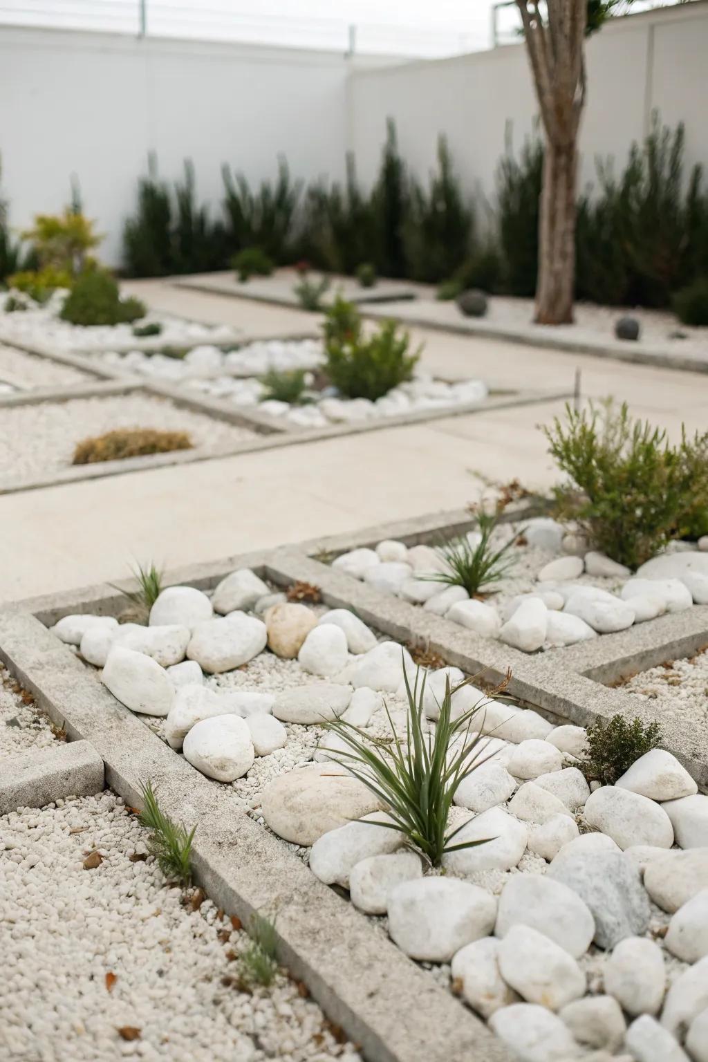 Achieve a modern look with white rocks and symmetrical layouts.