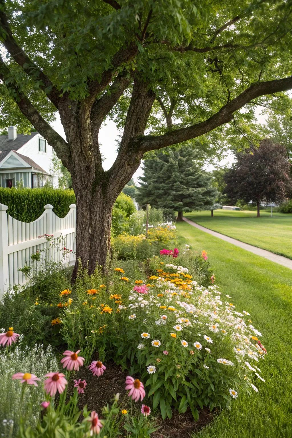 Wildflowers beautifully integrated with a garden tree.