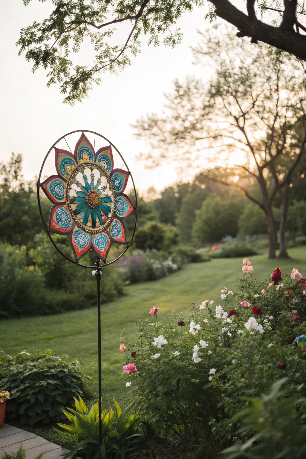 Mandala wind spinners create a serene and harmonious atmosphere.