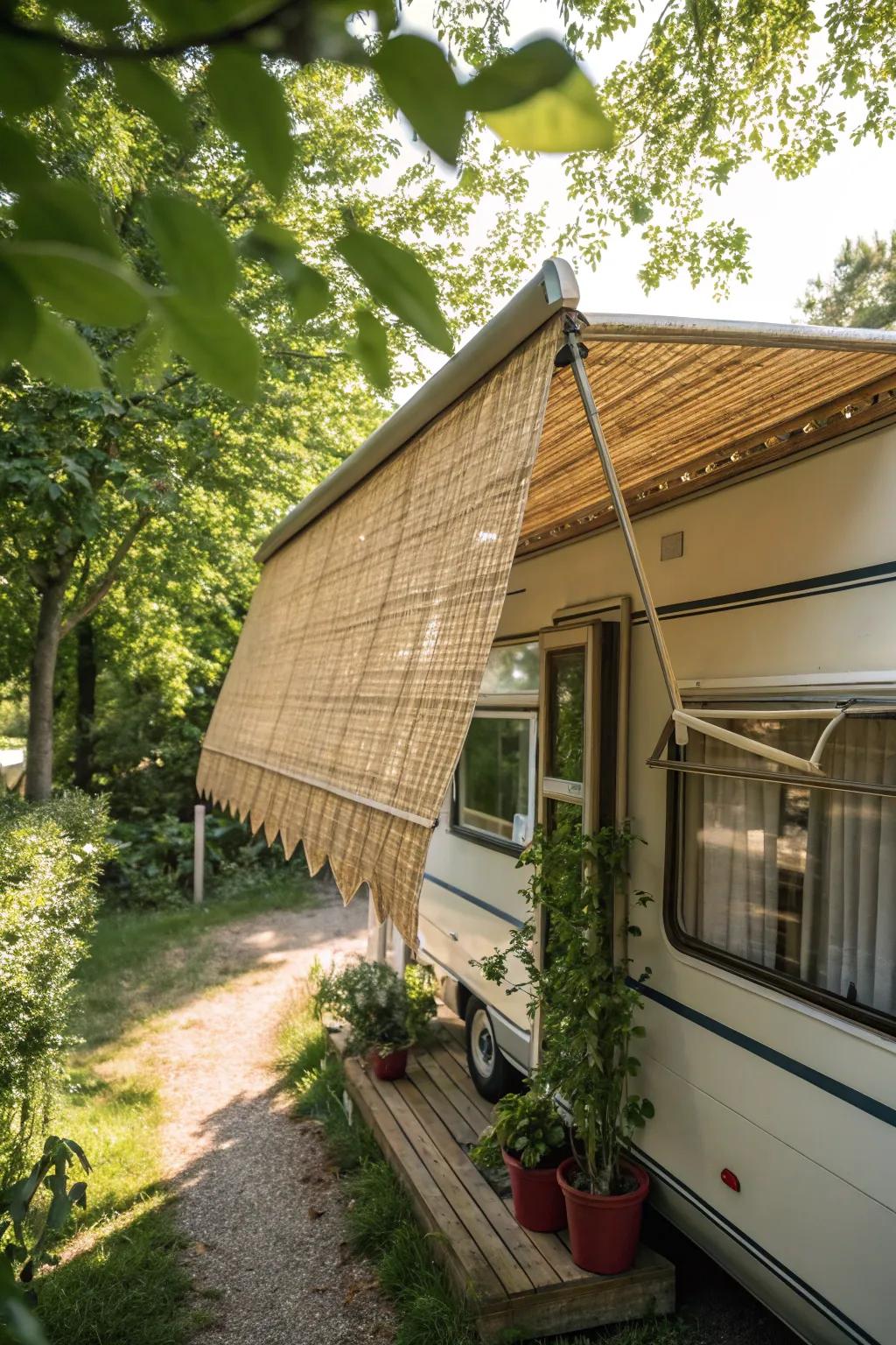 A bamboo roll-up awning creating a tropical atmosphere for a mobile home.