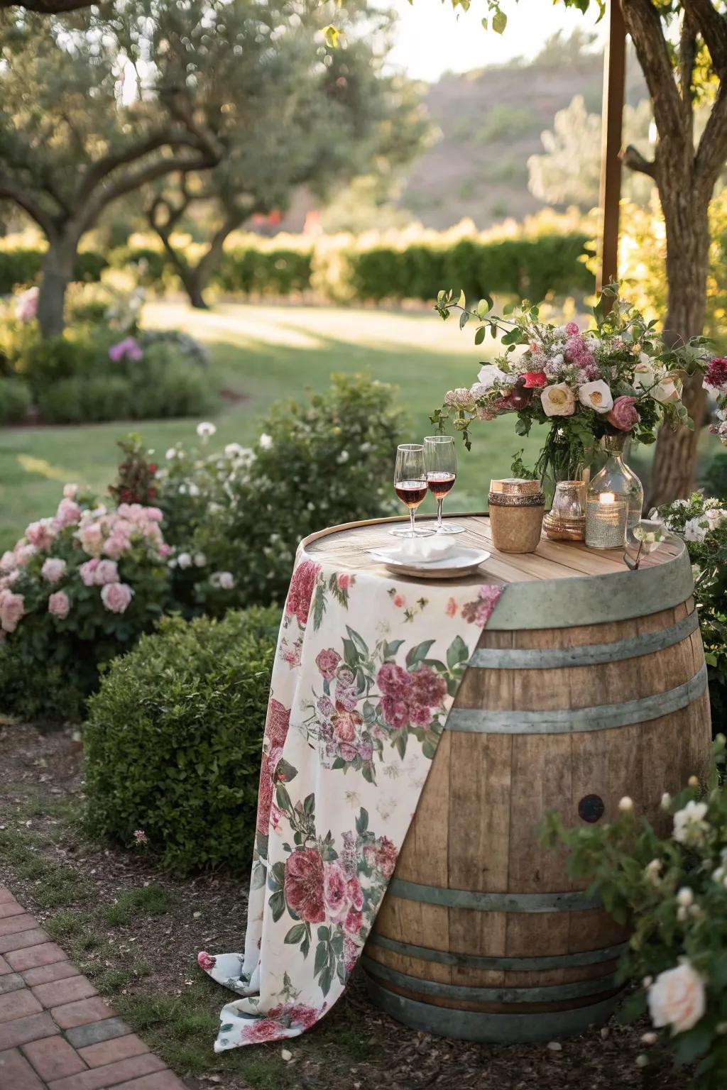 Add whimsical charm to your garden with a wine barrel table.
